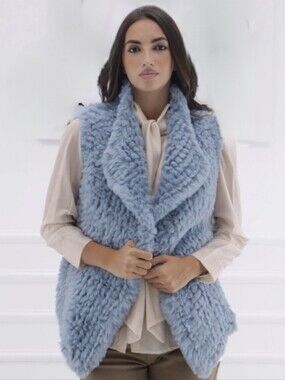 NEW D. Fiorenza Knitted Cozy Fur Open Front Vest - Light Blue - L/XL